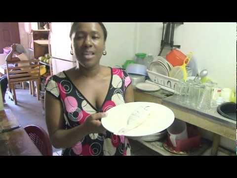 Garifuna Cuisine, Dangriga, Belize - Hudut Soup & Fish Fillet, Tomato/Rum Sauce, Cassava Fries