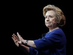 Former Secretary of State Hillary Clinton gestures while delivering the keynote address at Marketo’s 2014 Marketing Nation Summit Tuesday, April 8, 2014, in San Francisco.