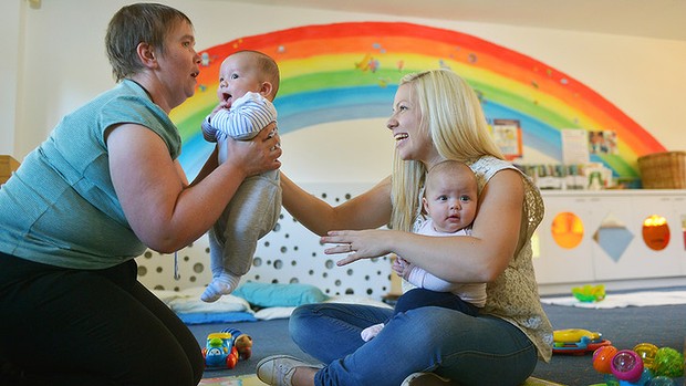 Samantha Swann with twins Jason and Isabella, helped by Julie at Tweddle Child and Family Health Service.