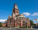 Memorial Hall, immediately north of Harvard Yard in Cambridge, Massachusetts, is an imposing High Victorian Gothic building. National Register of Historic Places. Harvard University, Cambridge, MA.