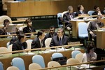  The delegation of Kazakhstan, headed by Minister for Foreign Affairs Kassymzhomart K. Tokaev (behind nameplate), at the sixtieth session of the General Assembly. The annual general debate of the United Nations General Assembly takes place over a 10-day p