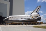 Atlantis makes its rollover to the VAB. ET-138 was produced at the Michoud Assembly Facility (MAF) in New Orleans and arrived at the Kennedy Space Center on the Pegasus barge.