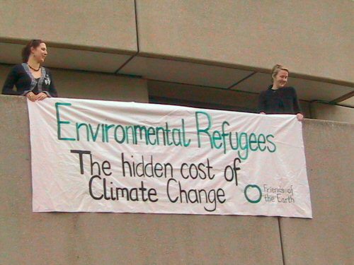 FoE banner on balcony at Arts Centre