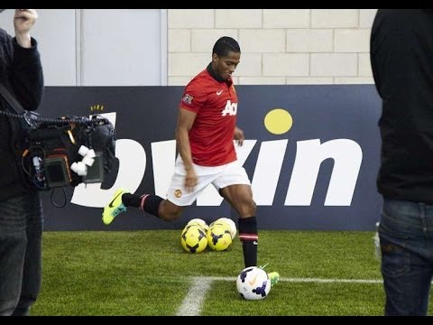 Man Utd's Antonio Valencia takes on the bwin Corner Kick Challenge