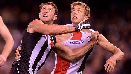 Collingwood's Travis Cloke grapples St Kilda's Rhys Stanley at Etihad Stadium last year.