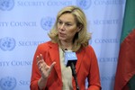 File - Sigrid Kaag, Special Coordinator of the Joint Mission of the Organisation for the Prohibition of Chemical Weapons (OPCW) and the UN to eliminate Syria’s chemical weapons programme, speaks to journalists following a closed-door meeting of the Security Council on the work of the Joint Mission, 6 February, 2014.