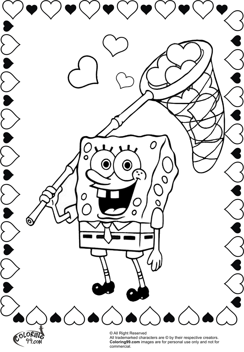 spongebob catching valentine heart coloring pages