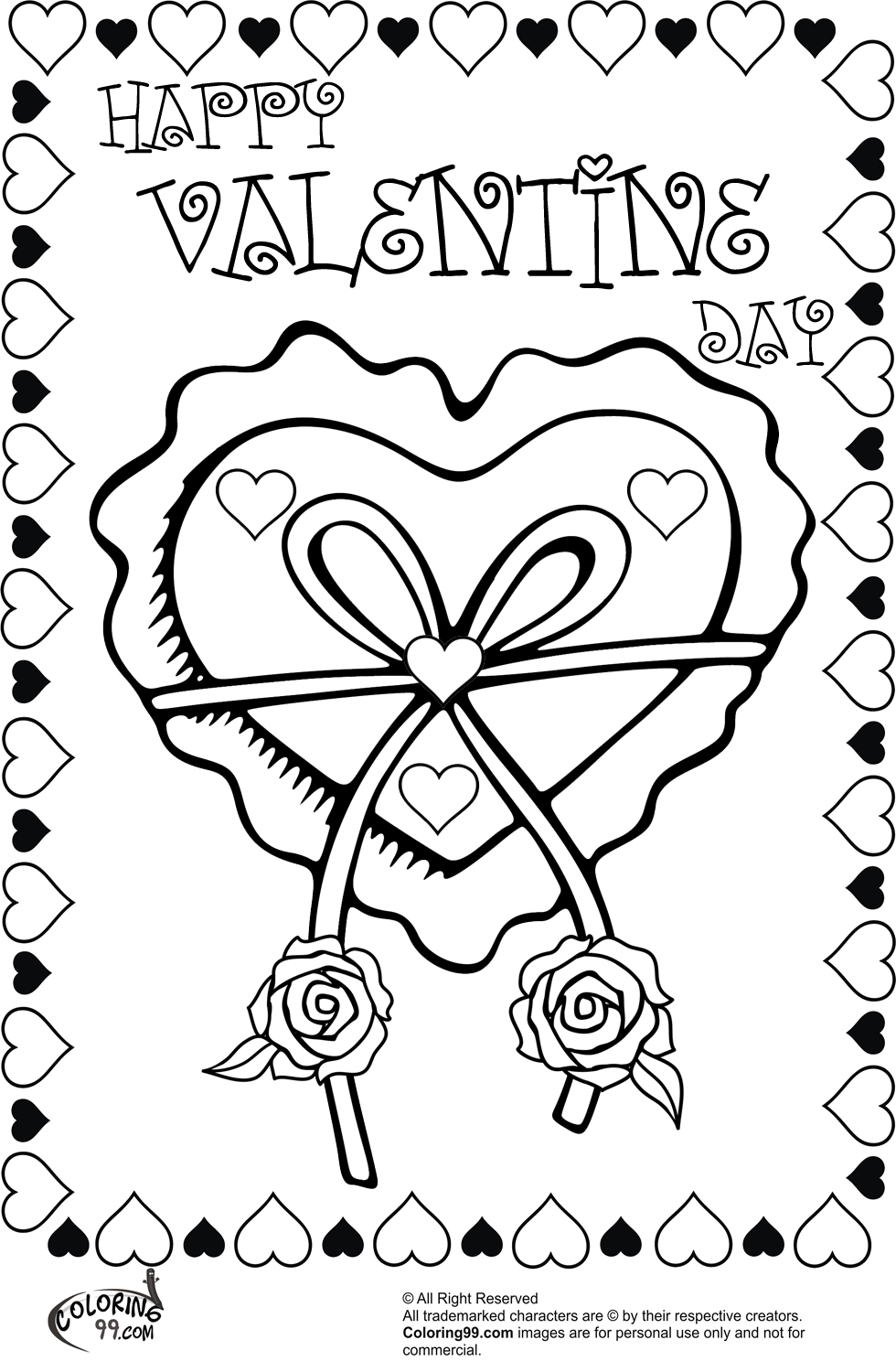 valentine heart ribbon and roses coloring pages