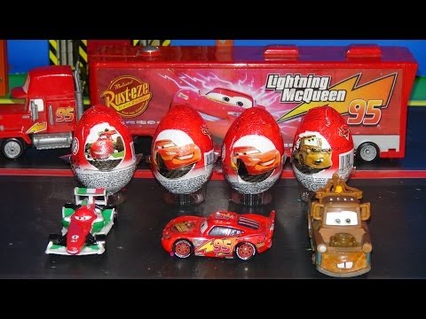 Pixar Cars, 4 Kinder Surprise Eggs delivered by Mack to Radiator Springs for Lightning McQueen, Mate