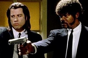 John Travolta and Samuel L Jackson as hitmen in Quentin Tarantino's Pulp Fiction. 