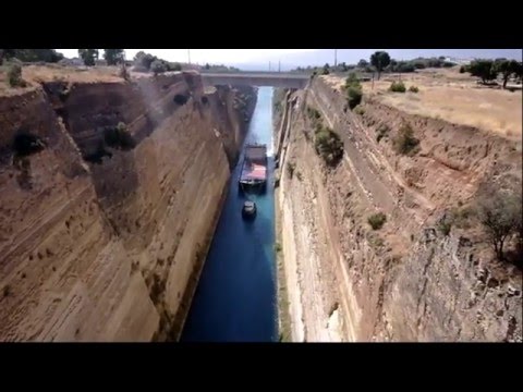 A ship passing through the Corinth Canal