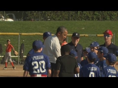 U.S. President Barack Obama shocks Washington Little League teams with a surprise visit