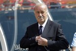 Spain's soccer coach Vincente del Bosque stands on the field before an exhibition soccer match against Haiti, Saturday, June 8, 2013 in Miami. Spain defeated Haiti 2-1.