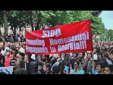 Activists clash during International Day Against Homophobia rally in Tbilisi, Georgia