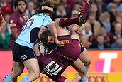 BRISBANE, AUSTRALIA - JULY 09: Nate Myles of the Maroons is picked up in the tackle by Greg Bird of the Blues during game three of the State of Origin series.