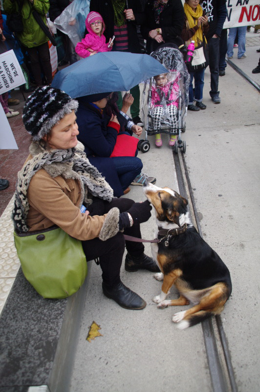 Woman sitting on kerb with dog