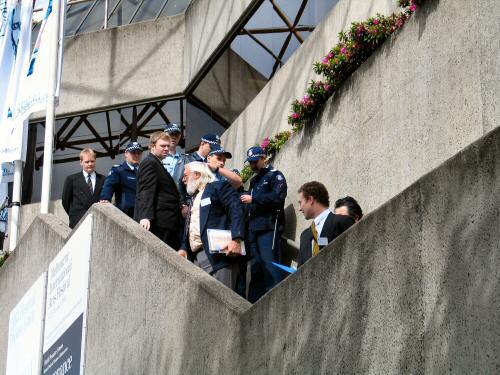 Addressing the crowd from the steps