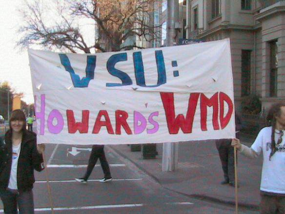 Students with banner - VSU, Howard's WMD