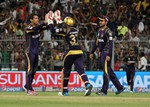 India Kolkata Knight Rider Cricket  Players Celebration during the match between KKR vs RCB at Eden Garden in Kolkata on Thursday 22 May 2014