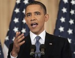 President Barack Obama delivers a policy address on events in the Middle East at the State Department in Washington, Thursday, May 19, 2011.