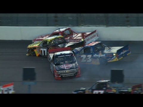 Ron Hornaday and Timothy Peters Crash on Lap 1 - Kansas - 2014 NASCAR Camping World Truck Series