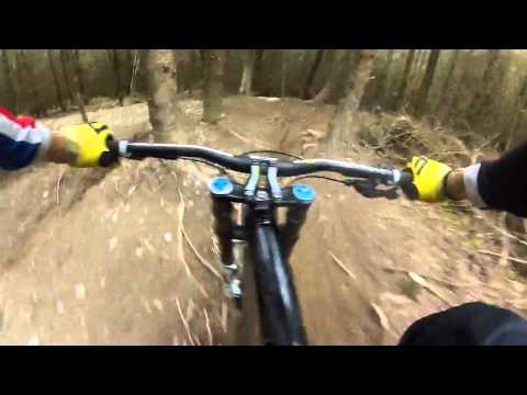 Gee Atherton flat out down the far side track at Revolution Bike Park - Llangynog