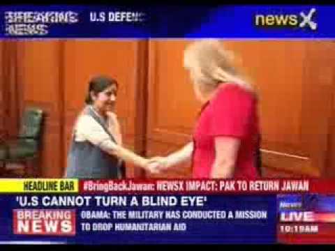 U.S Defence Secretary Chuck Hagel meets Sushma Swaraj