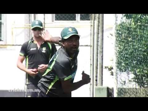 Murali puts on the Aussie shirt