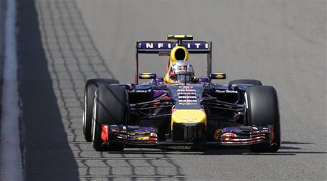 Red Bull driver Daniel Ricciardo of Australia leads during the Belgium Formula One Grand Prix at the Spa-Francorchamps circuit, Belgium, Sunday, Aug. 24, 2014.