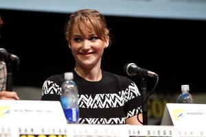 Jennifer Lawrence speaking at the 2013 San Diego Comic Con International, for "The Hunger Games: Catching Fire", at the San Diego Convention Center in San Diego, California.