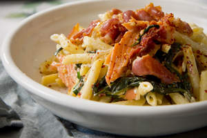 Pennette with smoked trout, creme fraiche, spinach and pancetta.