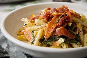 Pennette with smoked trout, creme fraiche, spinach and pancetta.