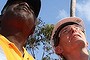 Prime Minister Tony Abbott with Djawa Yunupingu and Balu Yunupingu during a tour of the Gumatj timber lopping site in North East Arnhem Land.