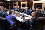 President Barack Obama and Vice President Joe Biden meet with members of the National Security Council in the Situation Room of the White House, Sept. 10, 2014.