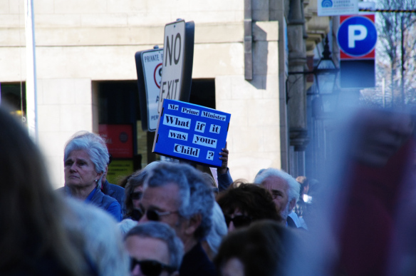 Placard addressing the Prime Minister - what if it was your child? 