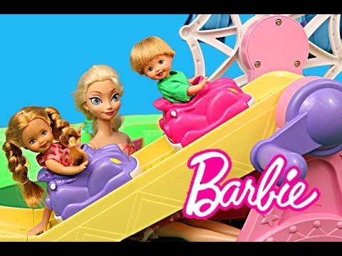 Frozen Elsa, Anna and Kids Go To Barbie Kelly Amusement Park Kiddie Coaster DisneyCarToys