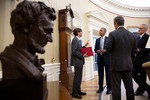 File - President Barack Obama talks with Council of Economic Advisers Chair Jason Furman, National Economic Council Director Jeffrey Zients and Chief of Staff Denis McDonough in the Oval Office, July 2, 2014.