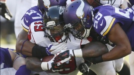 Sep 28, 2014; Minneapolis, MN, USA; Minnesota Vikings defensive end Everson Griffen (97) and linebacker Anthony Barr (55) stop Atlanta Falcons running back Steven Jackson (39) in the third quarter at TCF Bank Stadium. Mandatory Credit: Bruce Kluckhohn-USA TODAY  