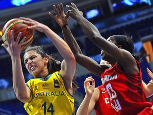 3 October 2014: Australia's Marianna Tolo (L) vies for the ball with Canada's Tamara Tatham (R) during the 2014 FIBA Women's World Championships quarter-final basketball match between Australia and Canada at Fenerbahce Ulker Sports Arena in Istanbul