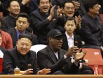 North Korean leader Kim Jong Un, left, and former NBA star Dennis Rodman watch North Korean and U.S. players in an exhibition basketball game at an arena in Pyongyang, North Korea, Thursday, Feb. 28, 2013.