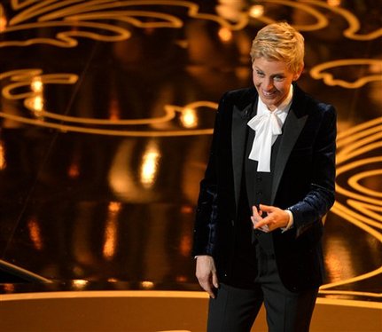 Host Ellen DeGeneres speaks on stage during the Oscars at the Dolby Theatre on Sunday, March 2, 2014, in Los Angeles.