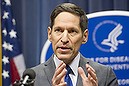 Dr. Tom Frieden, head of the Centers for Disease Control and Prevention, speaks at a news conference, Sunday Oct. 12, 2014, in Atlanta. A Texas health care worker, who was in full protective gear when providing hospital care for Ebola patient Thomas Eric Duncan, who later died, has tested positive for the virus and is in stable condition. (AP Photo/John Amis)