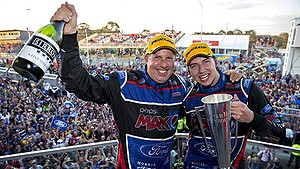 Chaz Mostert and Paul Morris of Ford Performance Racing winners the Supercheap Auto Bathurst 1000, Event 11 of the 2014 Australian V8 Supercar Championship Series at the Mount Panorama Circuit, Bathurst, New South Wales, October 12, 2014.