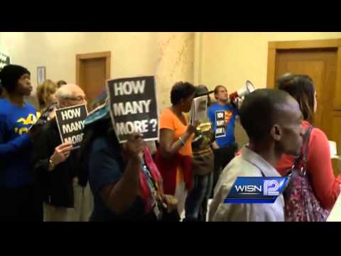 Protesters gather at Mayor Barrett's office