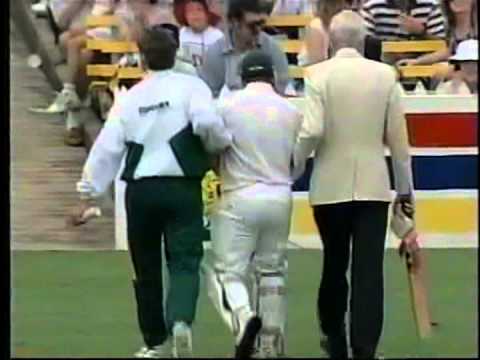 Justin Langer, 1st delivery in Test Cricket, Gets Hit on the Helmet by Ian Bishop