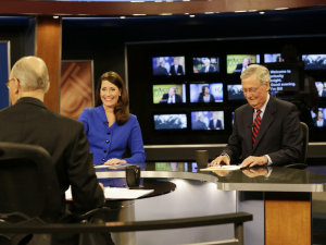 U.S. Senate Minority Leader Mitch McConnell, right, and his Democratic opponent, Kentucky Secretary of State Alison Lundergan Grimes, rehearsed with host Bill Goodman before their appearance on Monday on  "Kentucky Tonight," live from KET studios in Lexington, Kentucky.