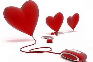 Three red hearts connected to red mouses heart, mouse, love, online, internet dating, computer (generic)