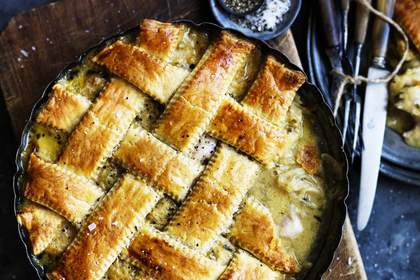 Chicken pie with corn-flecked pastry.