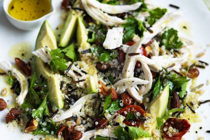 Roast chicken, avocado and rustic grain salad.