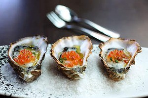 Pacific oysters with chardonnay vinegar, cucumber and salmon roe
